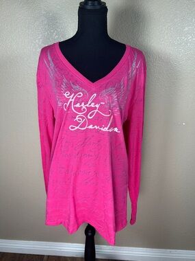 Harley-Davidson Pink V-Neck Long Sleeve Top with Metallic Wings Grand Canyon